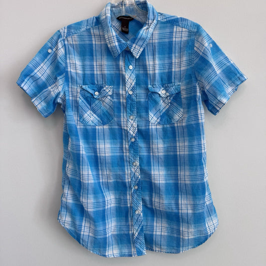 Bit & Bridle Blue Plaid Short Sleeve Button Up Shirt Women’s Small Cotton