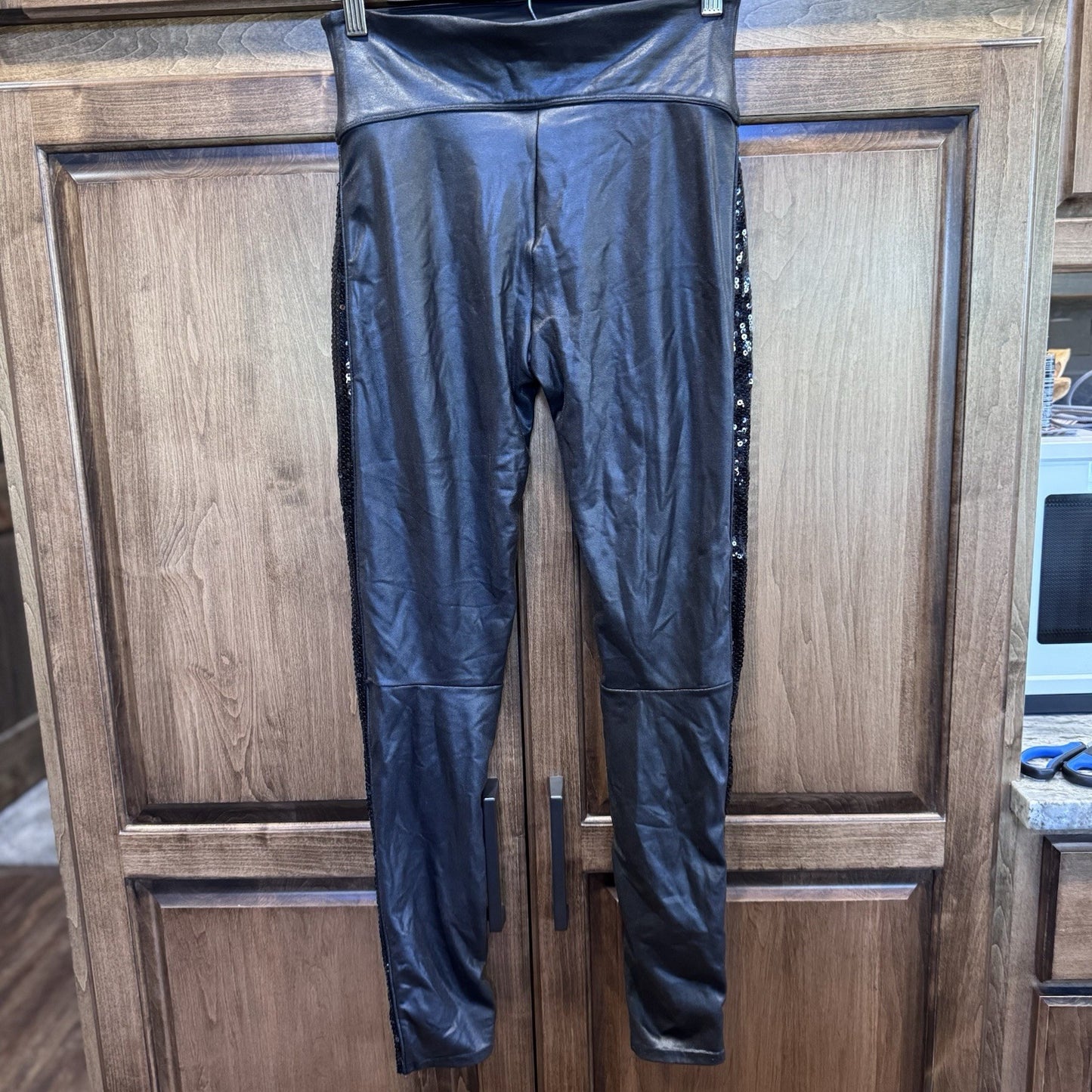 Spanx Black Sequin Faux Leather Leggings Medium M High Rise Shaping 20189R