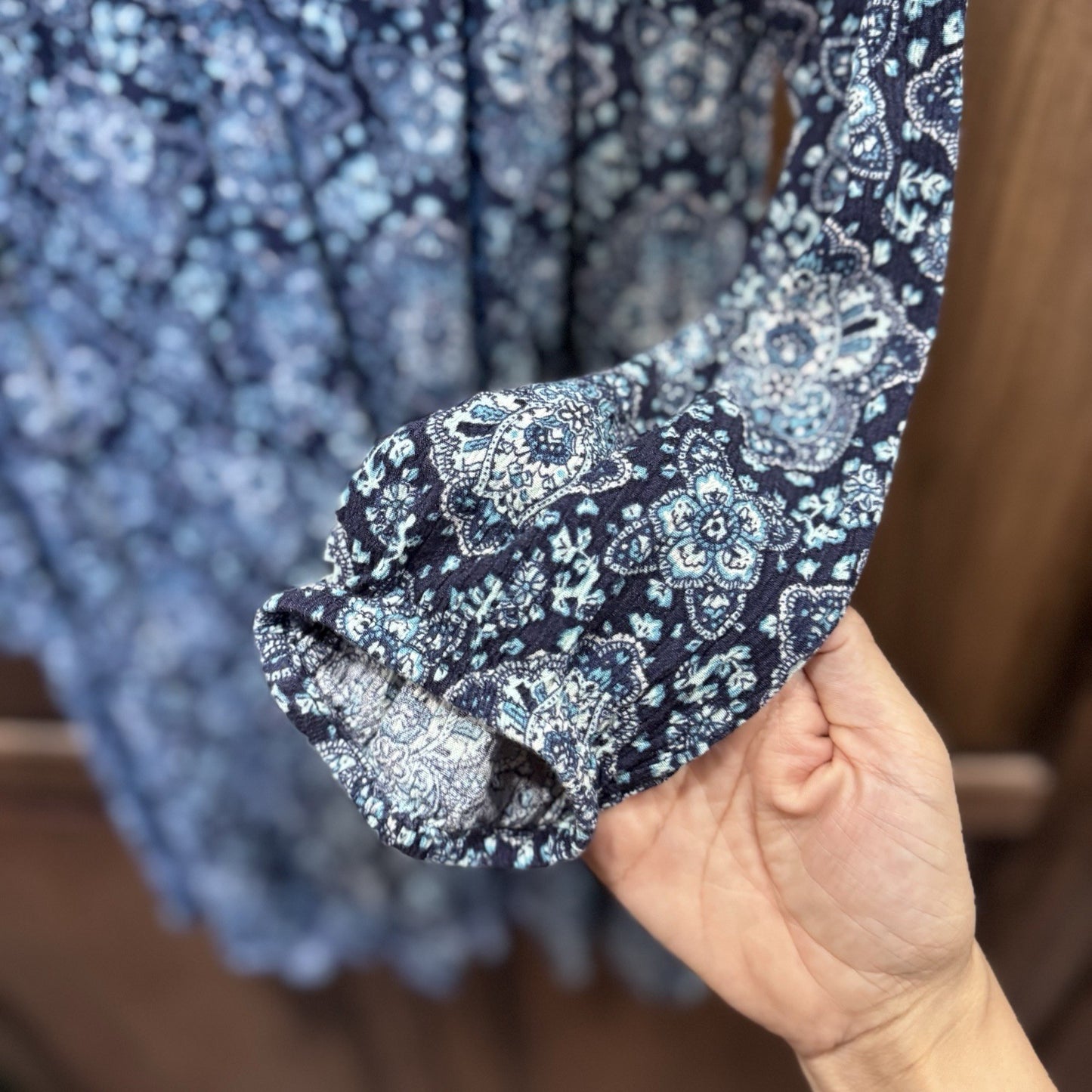 American Eagle Outfitters Boho Print Dress Small Blue Long Sleeve Cotton Blend