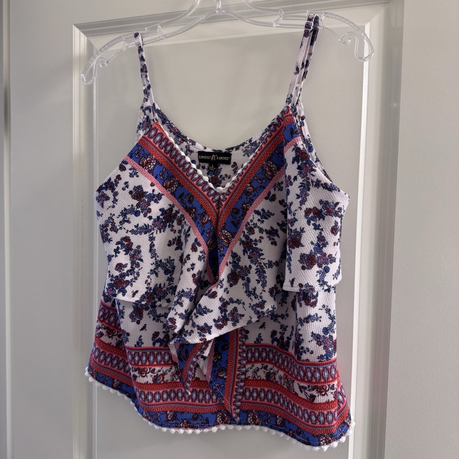 Almost Famous Boho Floral Tank Top L Red White Blue Ruffle Front