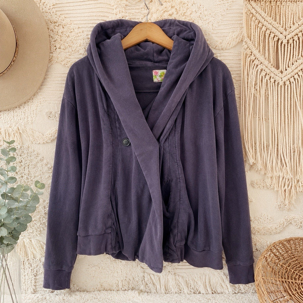 Free People Hooded Wrap Jacket Hoodie Purple Cotton Button Front Small Womens