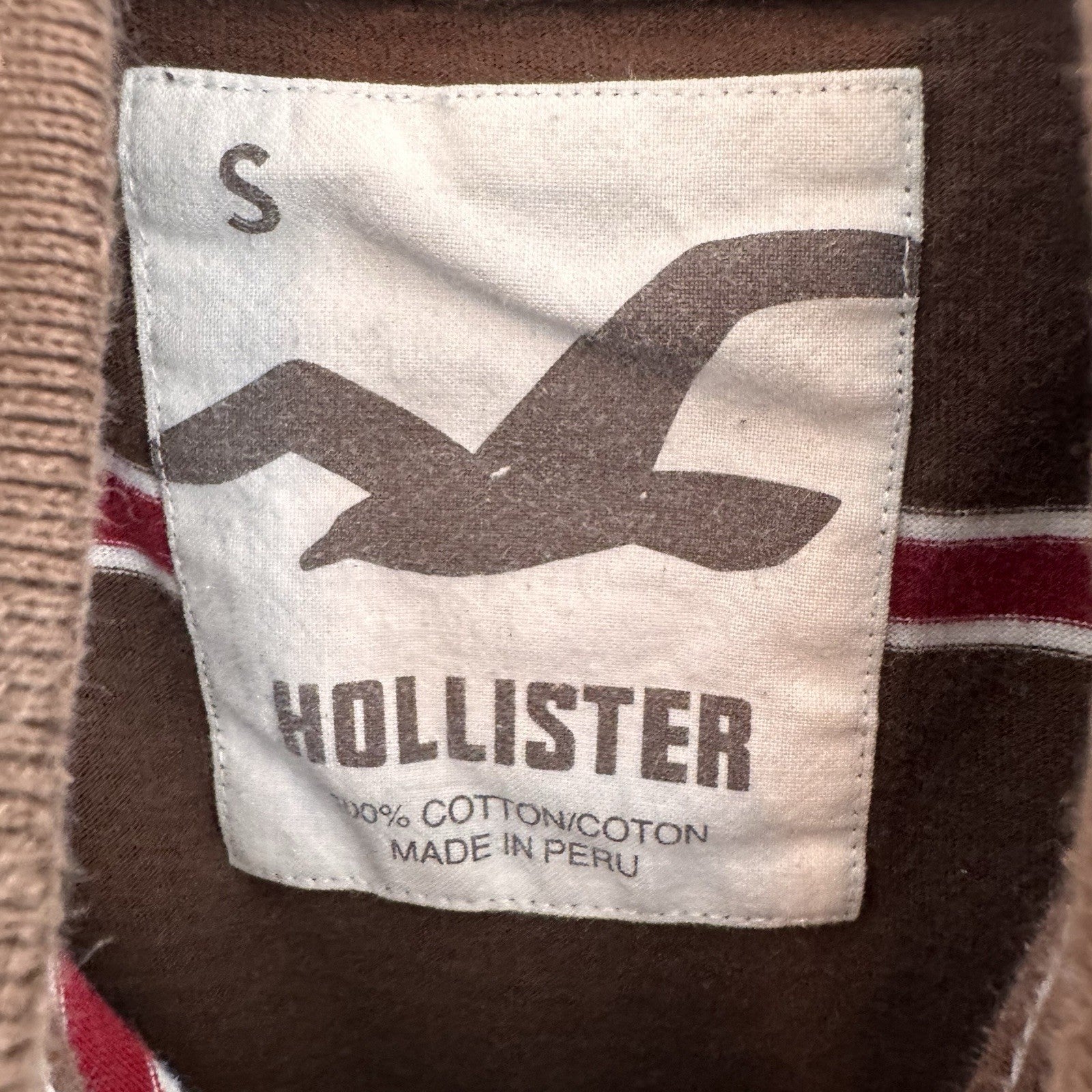 Y2K Hollister Polo Shirt Brown Red Stripe Logo Cotton Preppy Mens Small 