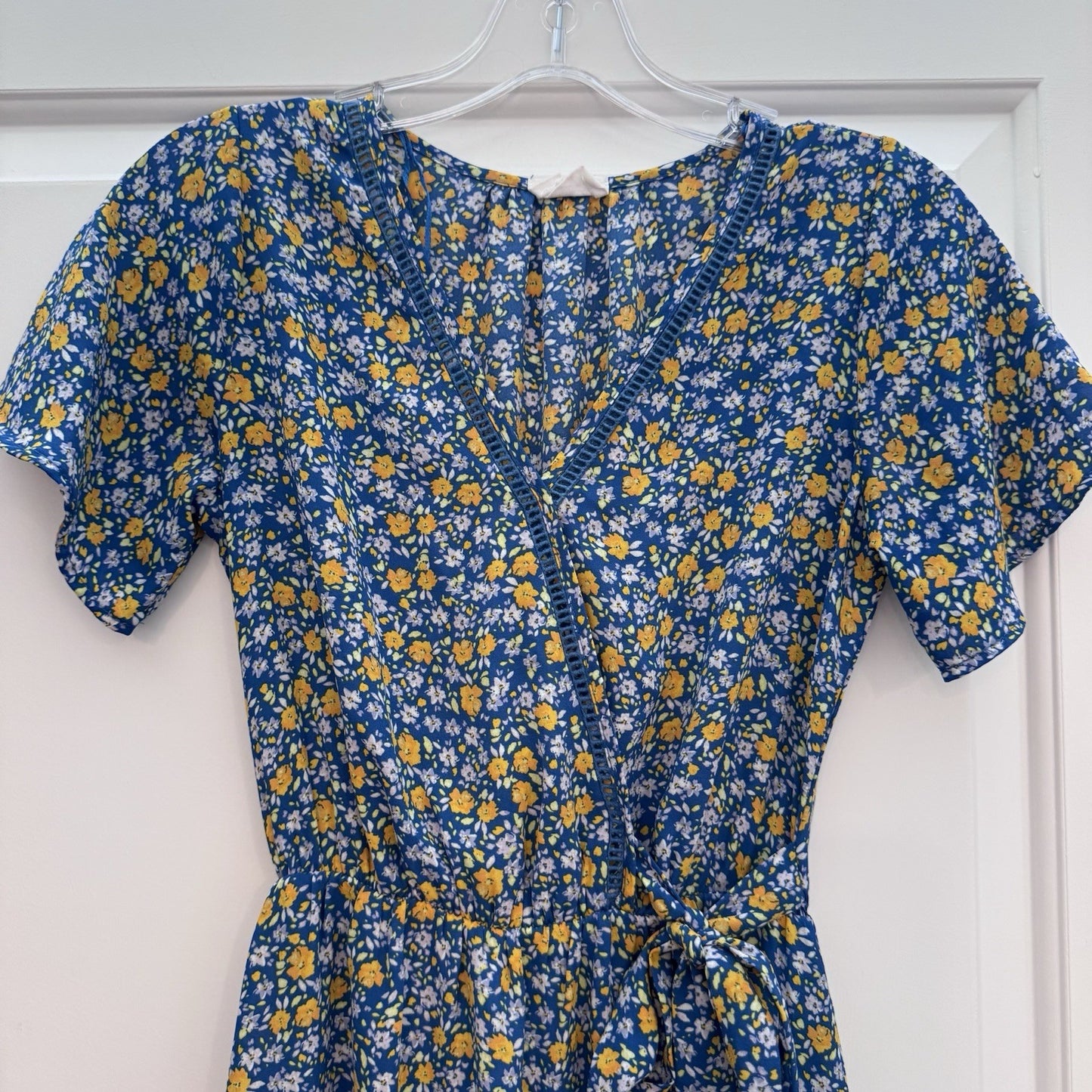 Sienna Sky XS Blue Yellow Floral Wrap Dress Short Sleeve Fit & Flare Lined