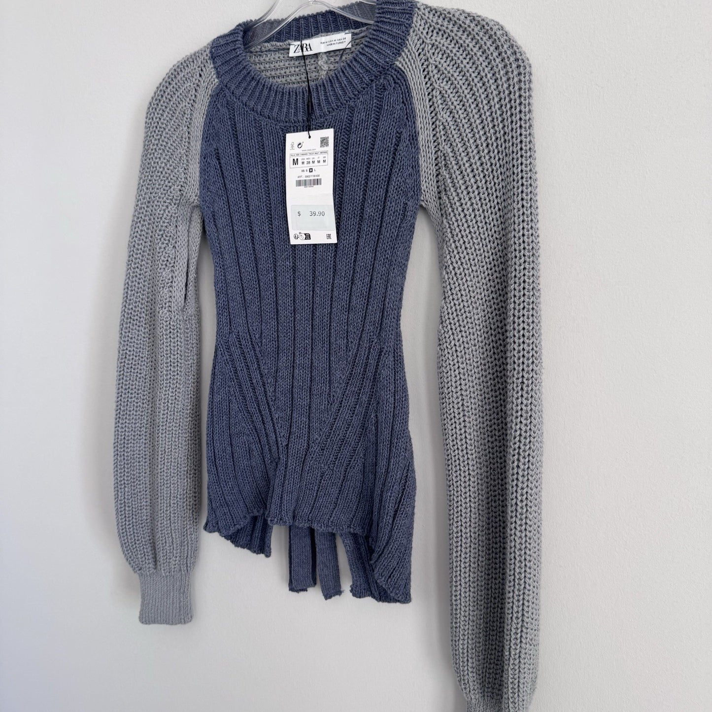 Zara Knit Tie Back Sweater Blue Gray Colorblock Long Sleeve Size M NWT 