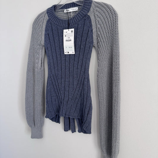 Zara Knit Tie Back Sweater Blue Gray Colorblock Long Sleeve Size M NWT 