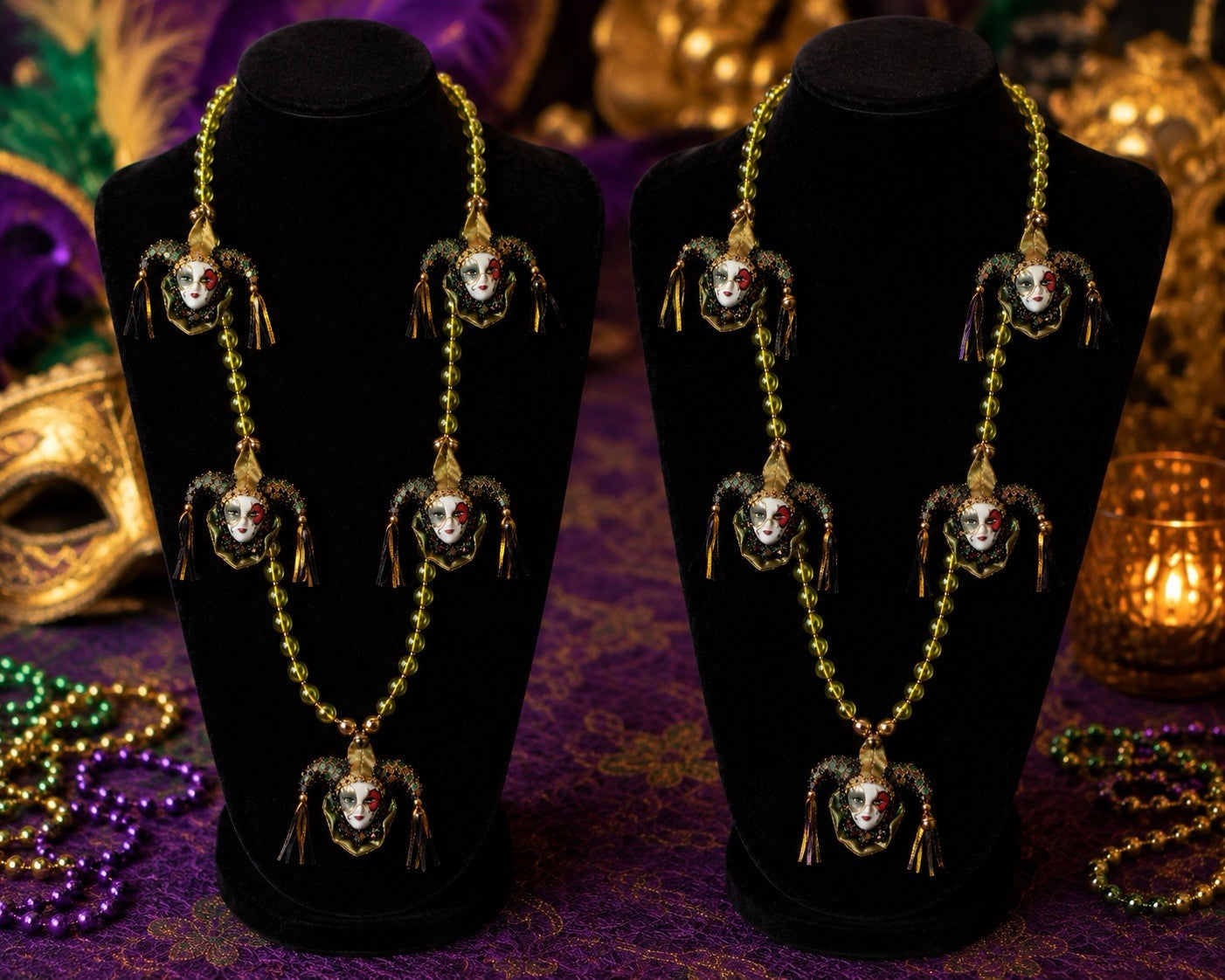 Vintage Venetian Mardi Gras Mask Beads Necklace 6 Faces Green Gold