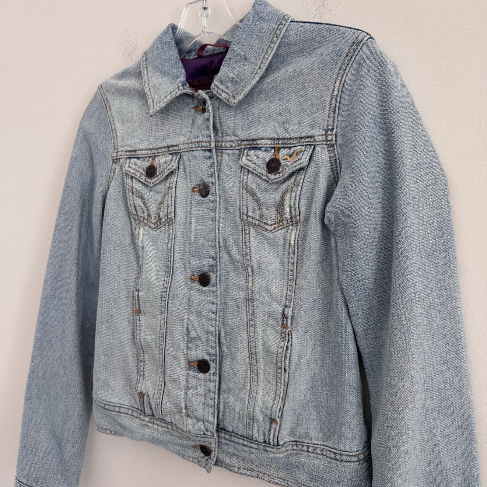 Hollister Jean Jacket Womens Medium Light Wash Distressed Trucker Denim Y2k VTG