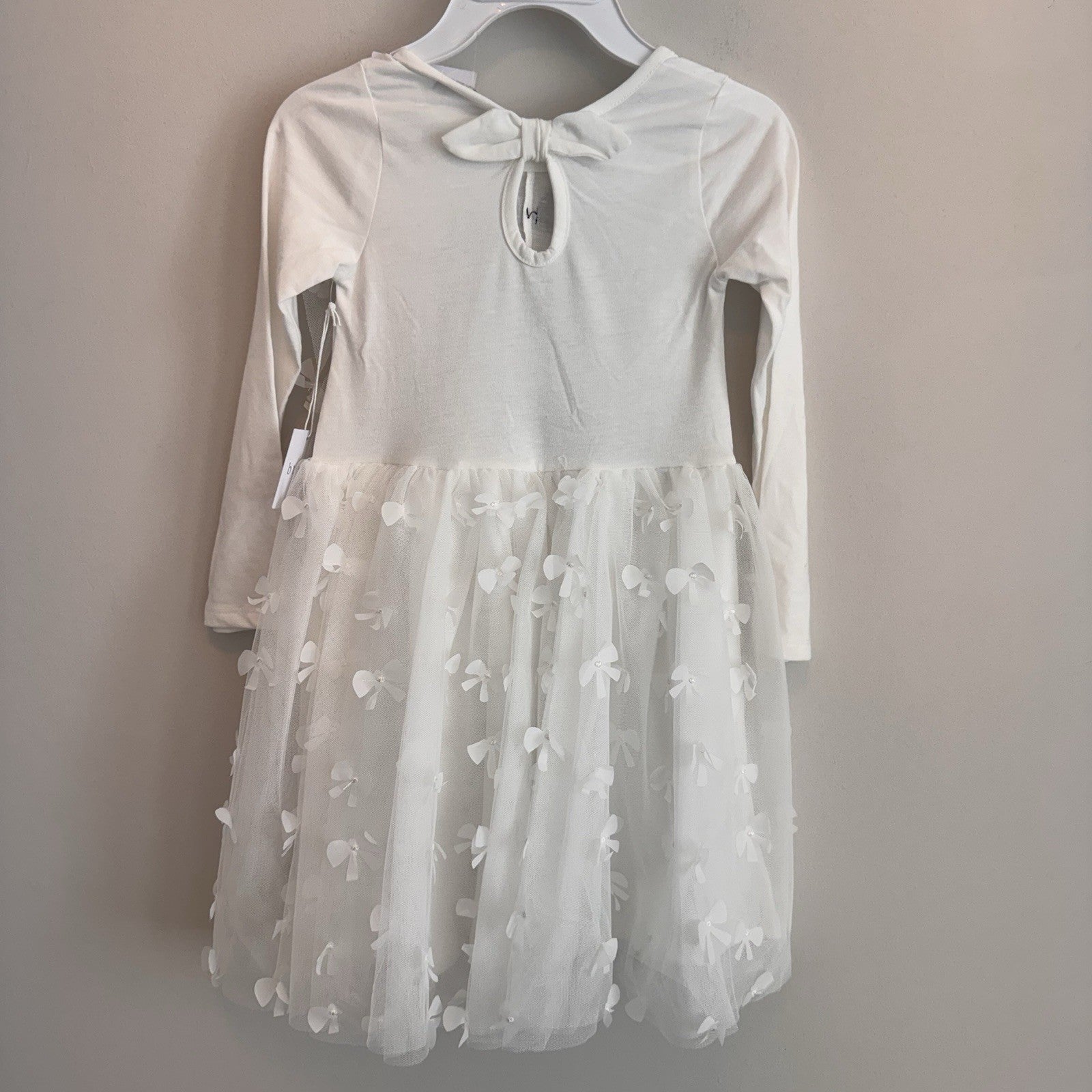Btween Girls White Tulle Dress Size 8 Bow Detail Long Sleeve NWT With Bow