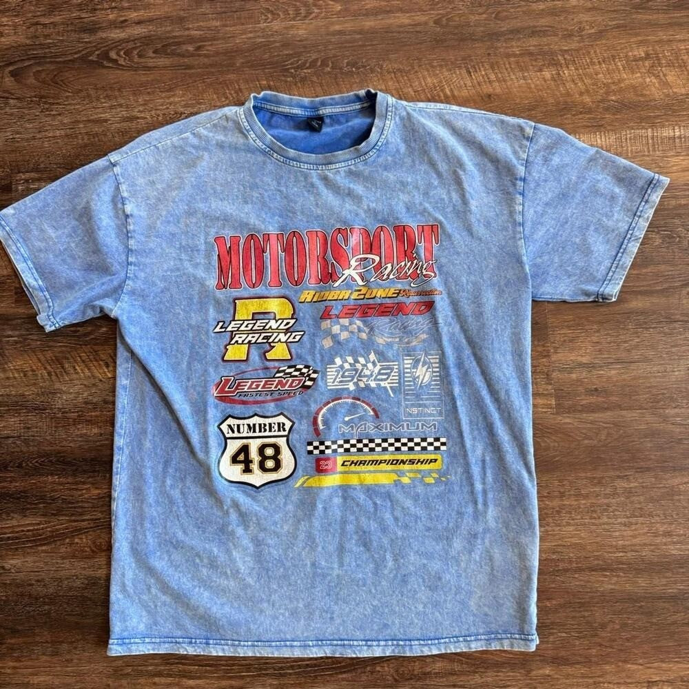 Retro 90s Nascar Racing ROMWE L Street Life Men's Denim Effect Letter T-Shirt