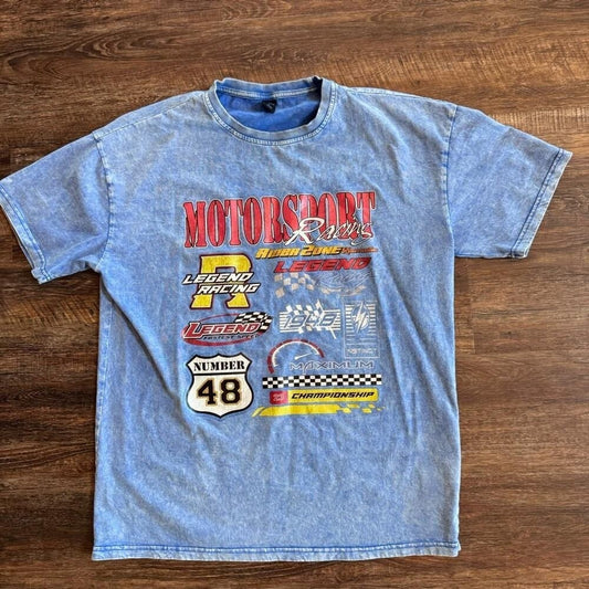 Retro 90s Nascar Racing ROMWE L Street Life Men's Denim Effect Letter T-Shirt