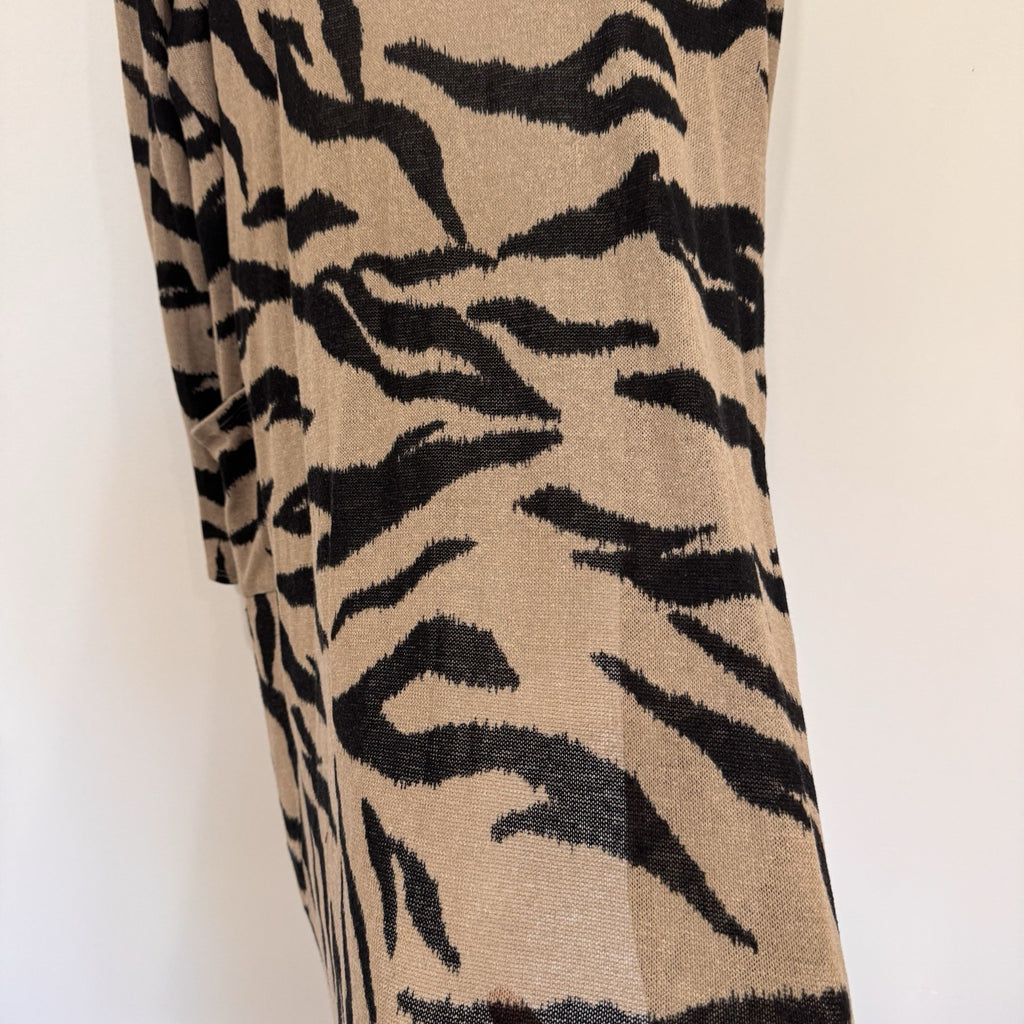 BIBI Women Large L Tiger Print Longline Cardigan Sweater Tan Black Animal Pocket