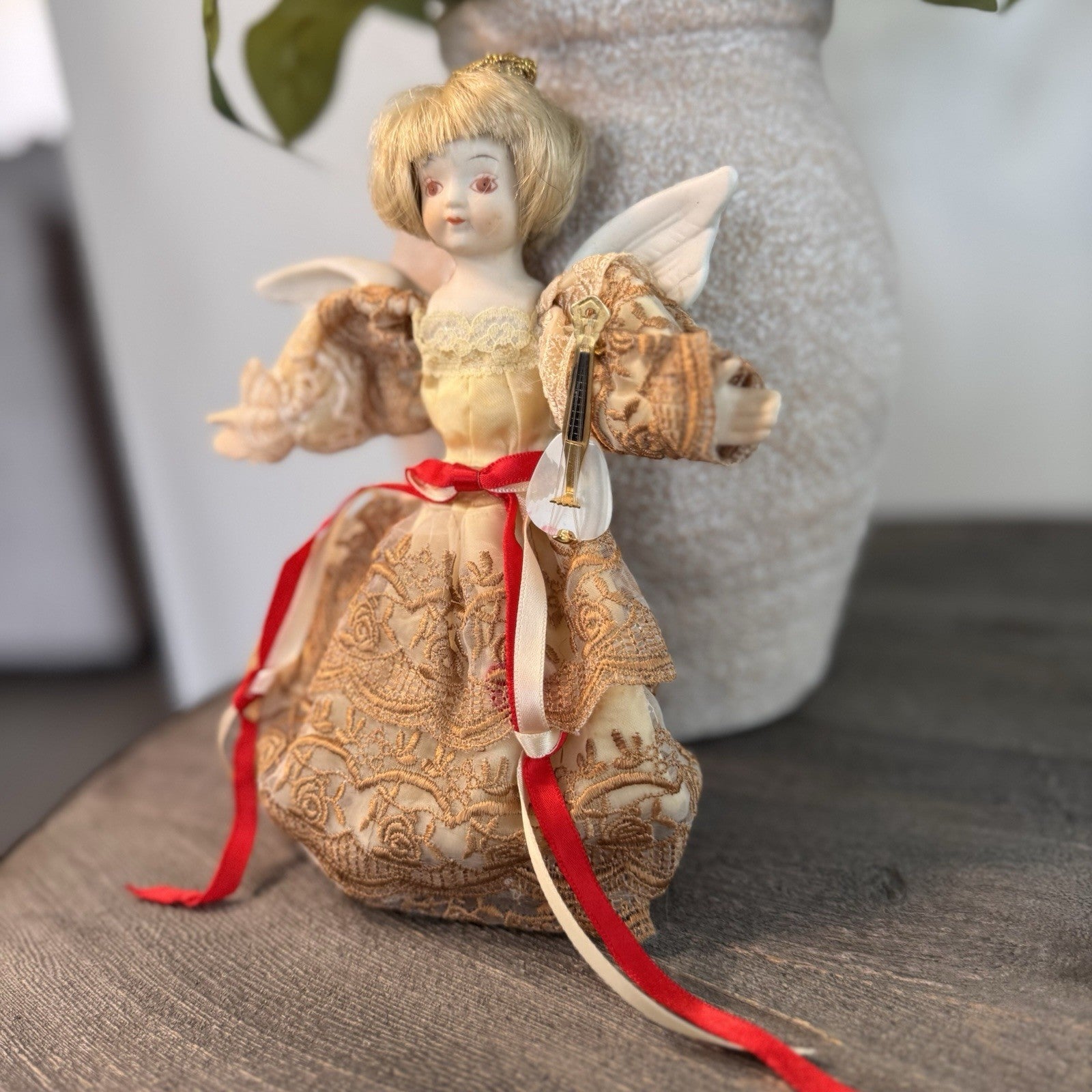 Vintage Bisque Porcelain Angel Doll 8" Gold Lace Dress Musical Lute Tree Topper