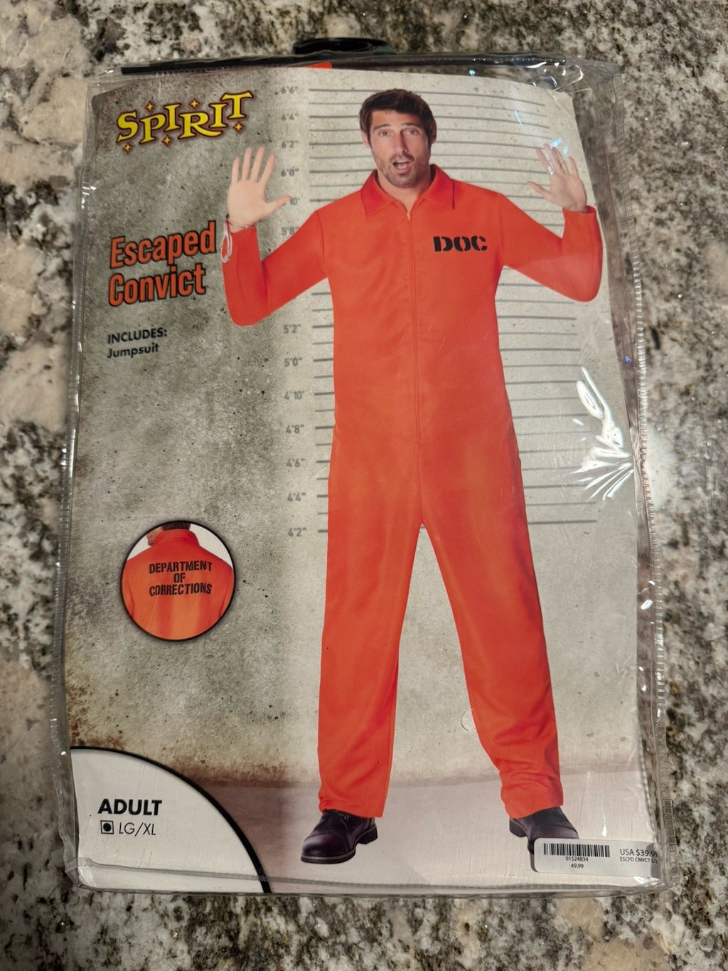 Spirit Halloween Escaped Convict Costume Adult Large XL Orange Jumpsuit DOC