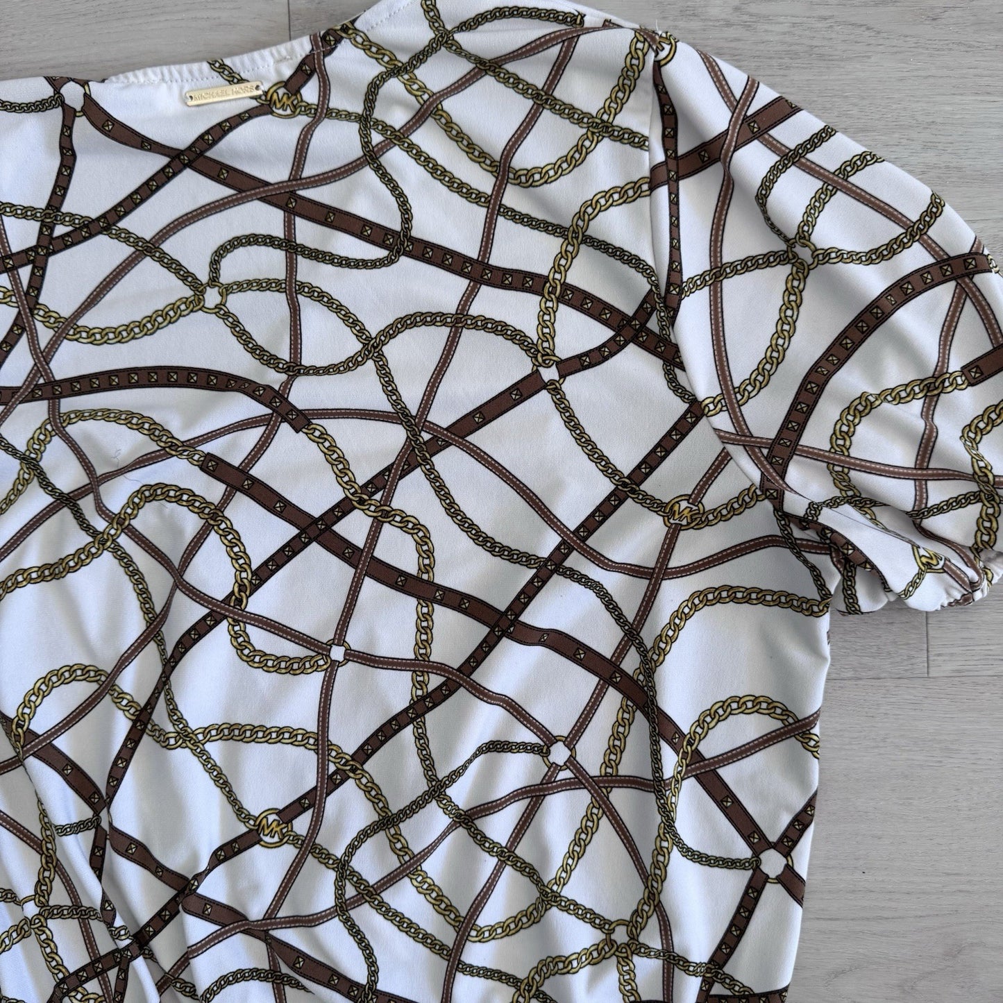 Michael Michael Kors Chain Print Wrap Top Womens Large White Gold Stretch