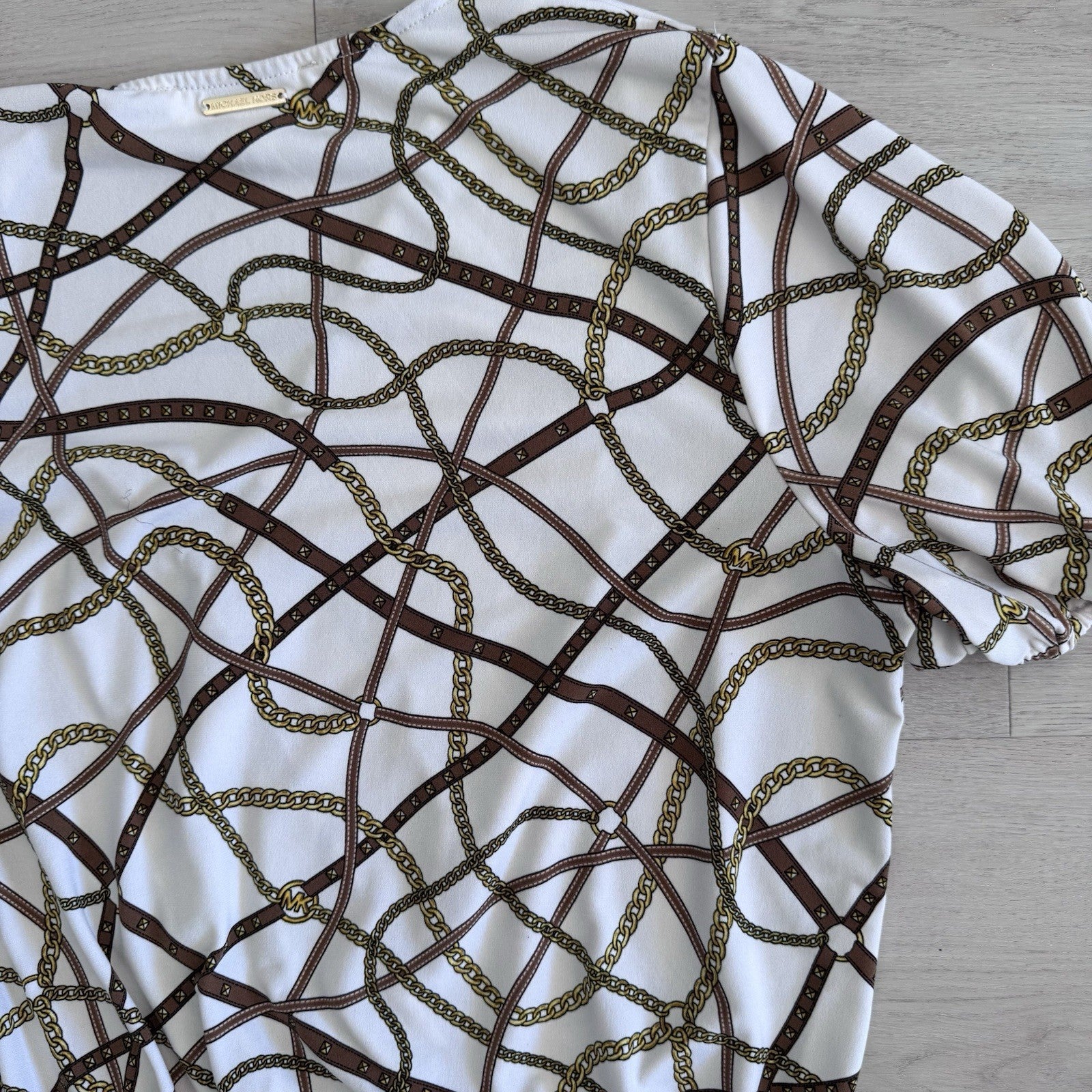 Michael Michael Kors Chain Print Wrap Top Womens Large White Gold Stretch