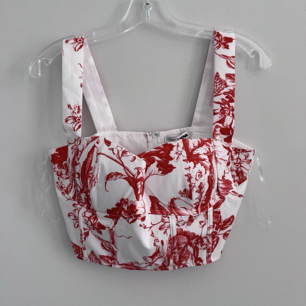 Fashion Nova Floral Corset Top White Red Size L NWT Bustier Y2K