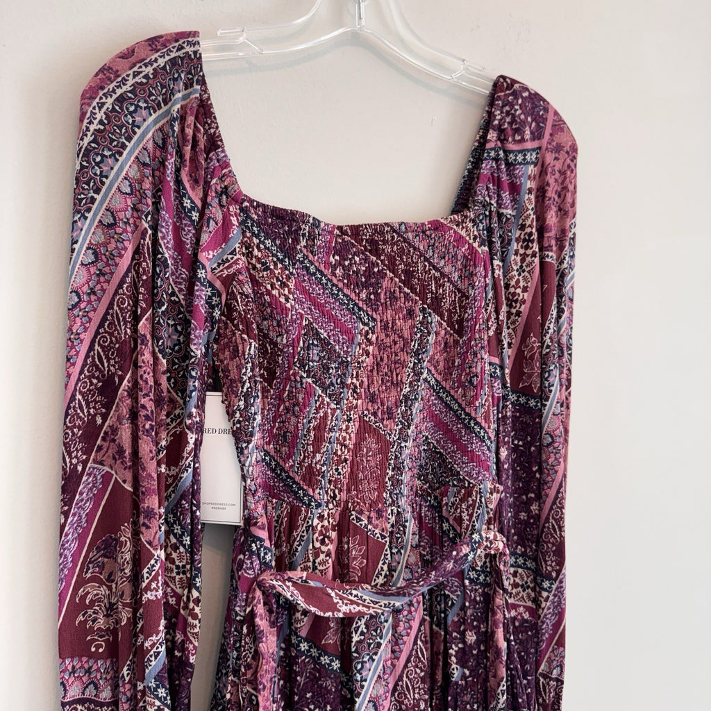NWT Aura Shop Red Dress XS Purple Boho Patchwork Smocked Long Sleeve Mini Dress