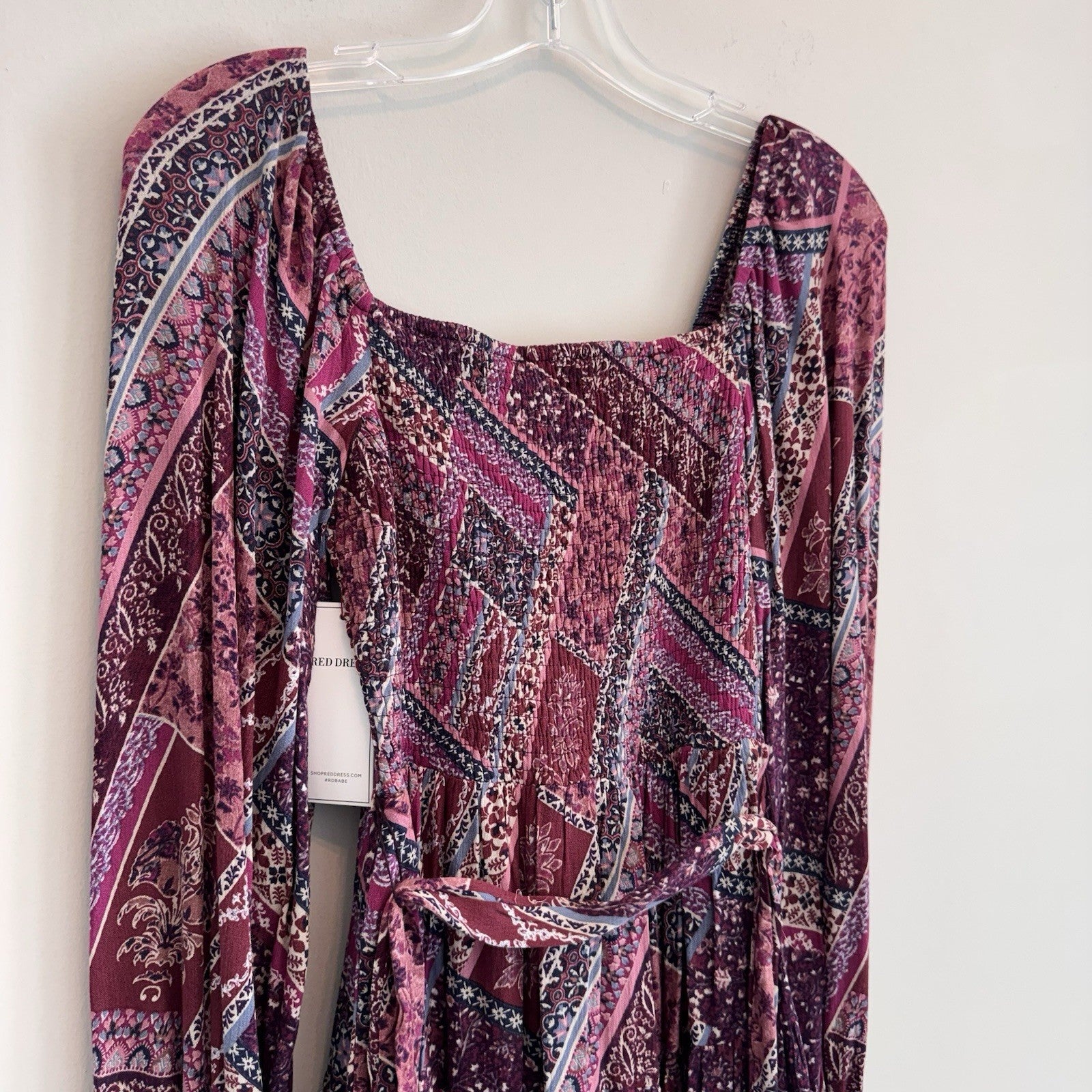 NWT Aura Shop Red Dress XS Purple Boho Patchwork Smocked Long Sleeve Mini Dress