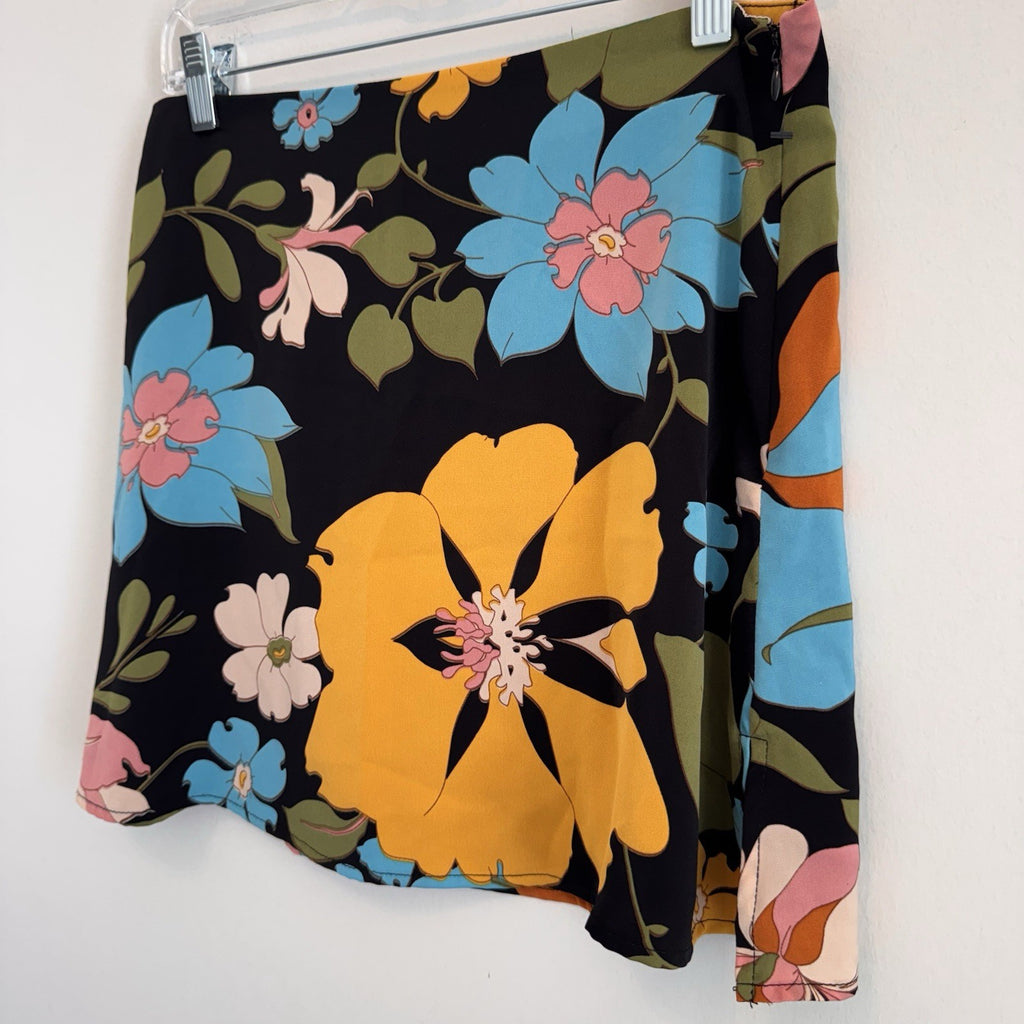 Feeling It Floral Skirt Black Blue Yellow Boho Retro Bold Print Size M Boutique