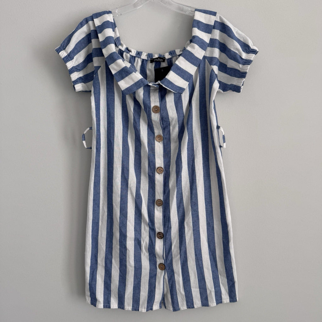 Boohoo Off Shoulder Blue Stripe Linen Dress US 10 NWT No Belt