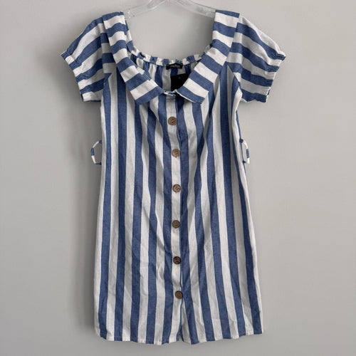 Boohoo Off Shoulder Blue Stripe Linen Dress US 10 NWT No Belt