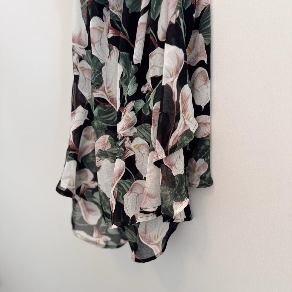 Express Black Floral Romper XS Calla Lily Print Ruffle Hem Strappy Back