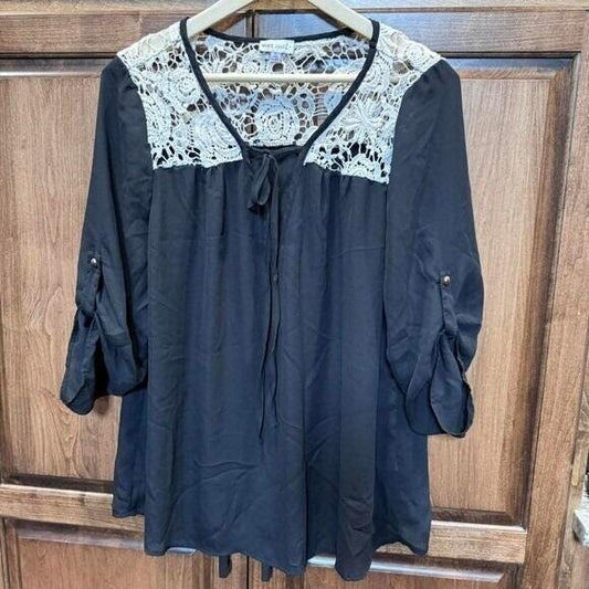 Vintage Wet Seal+ Boho Black Blouse XL Crochet Lace Yoke Sheer Tunic Top