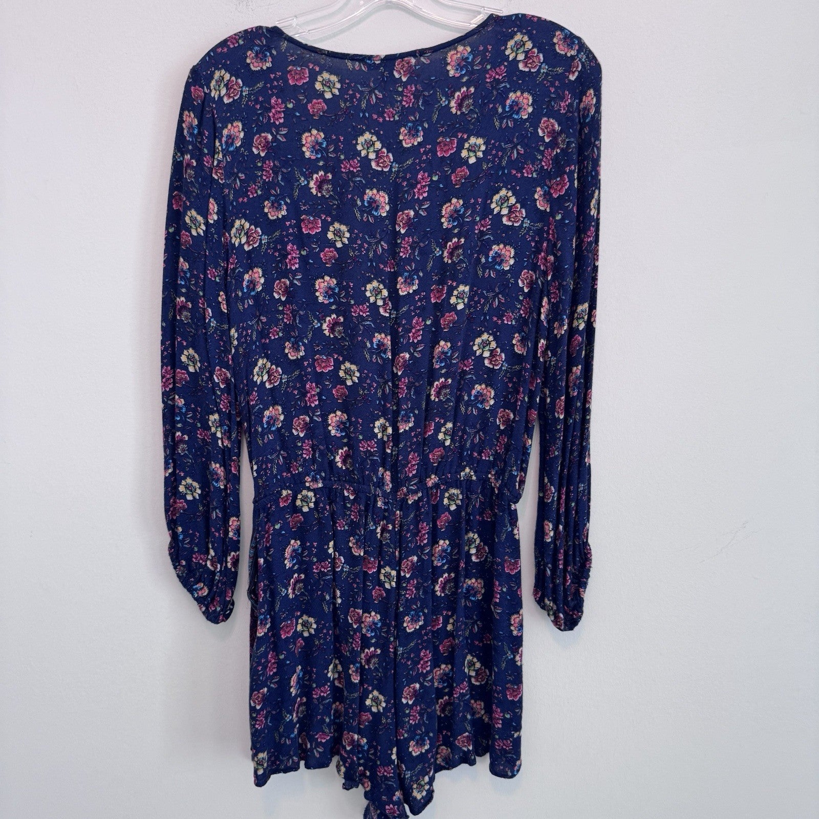 American Eagle Floral Wrap Romper Dress Small Blue Boho Long Sleeve