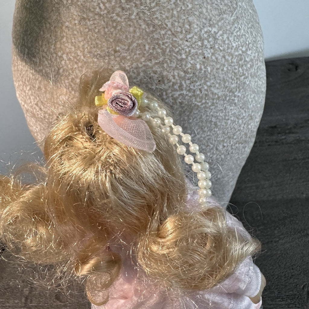 Vintage Bisque Porcelain Doll 7" Blonde Curls Pink Satin Lace Dress & Faux Pearl