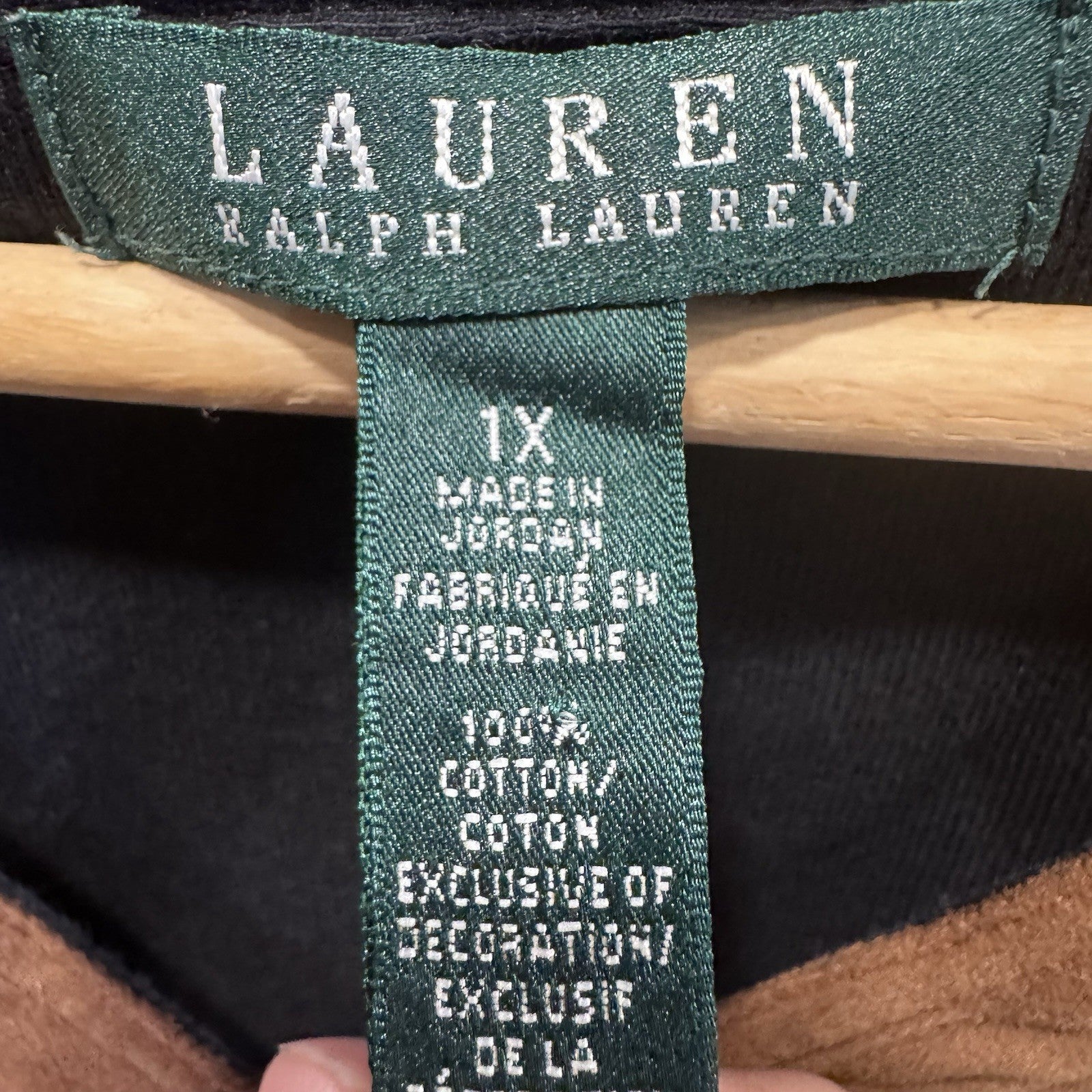 Lauren Ralph Lauren 1X Tunic Top Shirt V Black Brown Faux Suede Trim 3/4 Sleeve