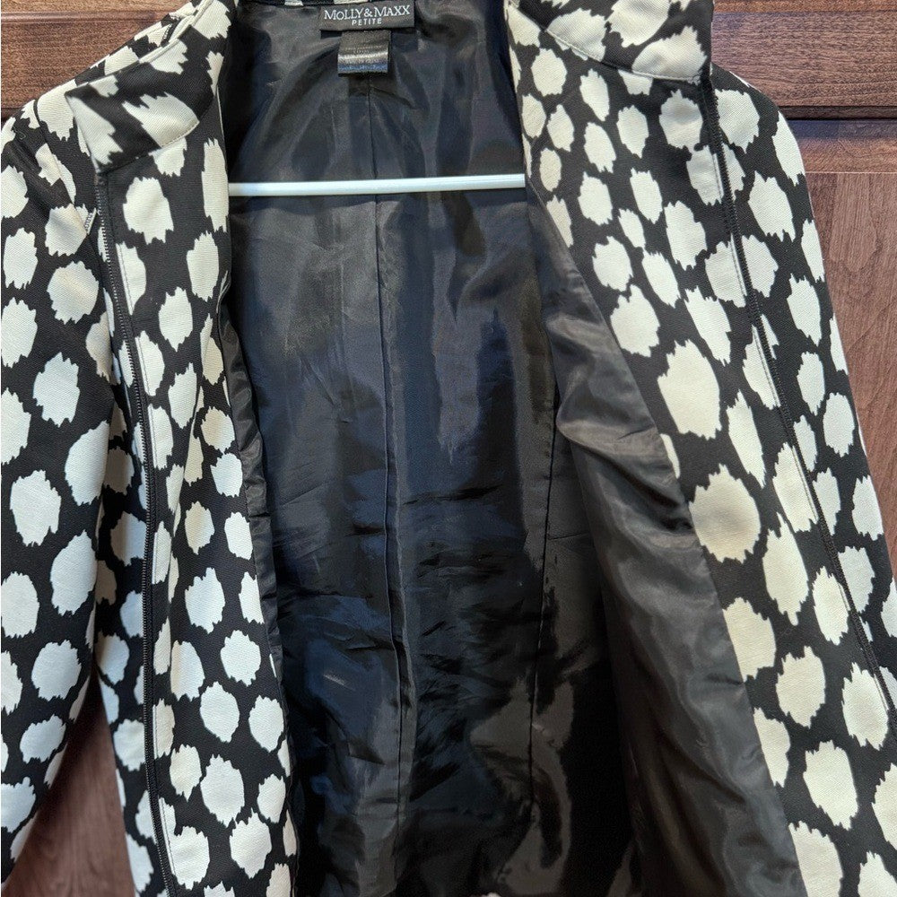 Molly & Maxx Black and White Zip Up Jacket Blazer Size Petite Medium Lined Dots