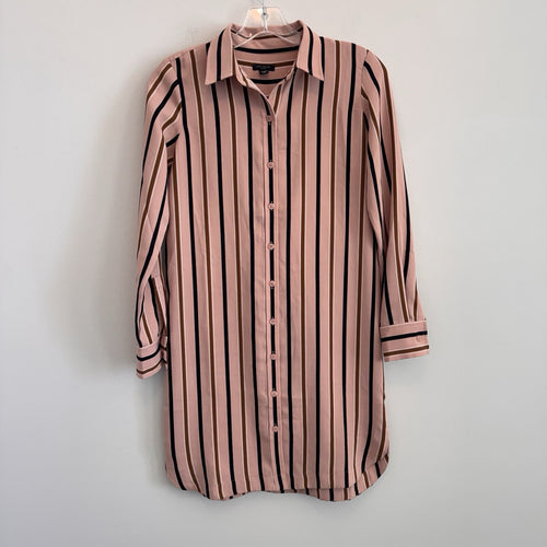 Ann Taylor Petite XXSP Shirtdress Pink Black Brown Striped Long Sleeve Button