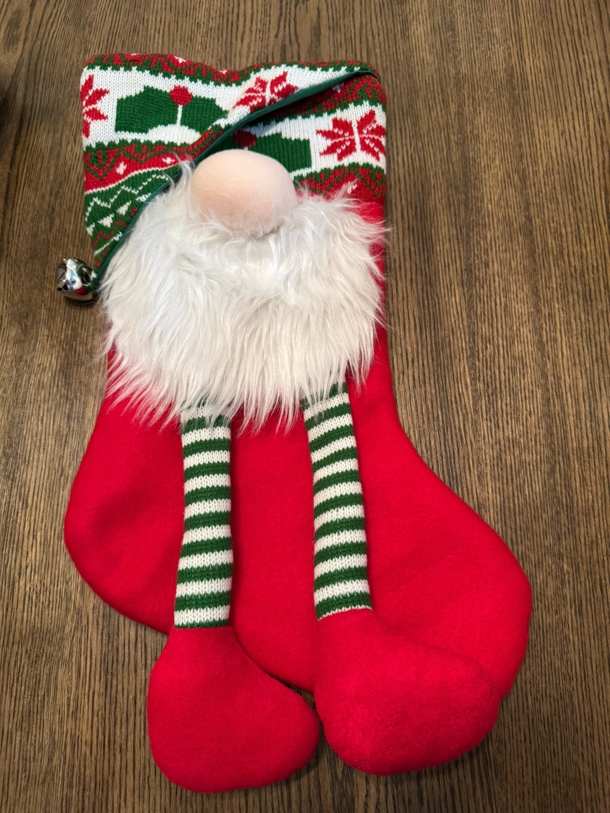 3D Gnome Christmas Stocking Long Dangling Legs Bell Accent and Beard Full Size