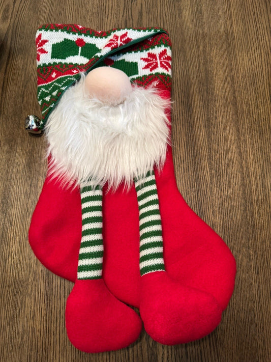 3D Gnome Christmas Stocking Long Dangling Legs Bell Accent and Beard Full Size