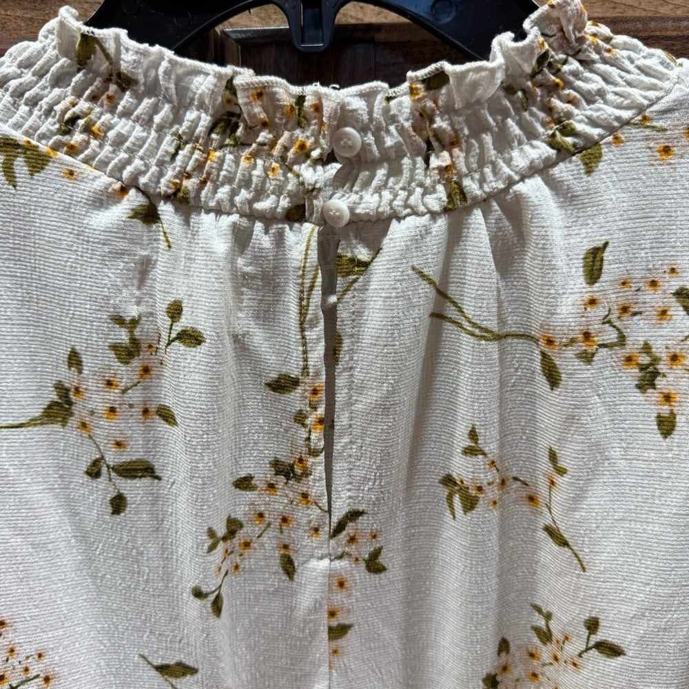 Melloday Floral High Neck Smocked Flutter Sleeve Floral Top Large