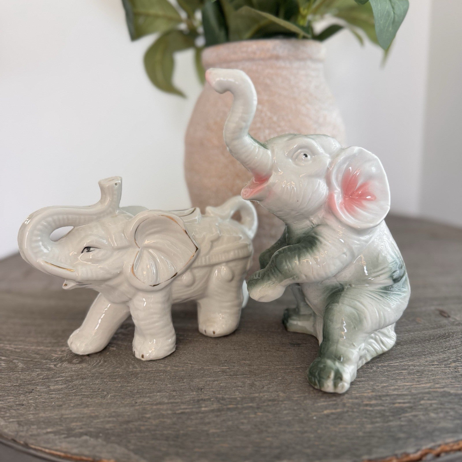 Vintage Porcelain Elephant Figurine Lot 2 White Gold Trim Trunk Up Good Luck