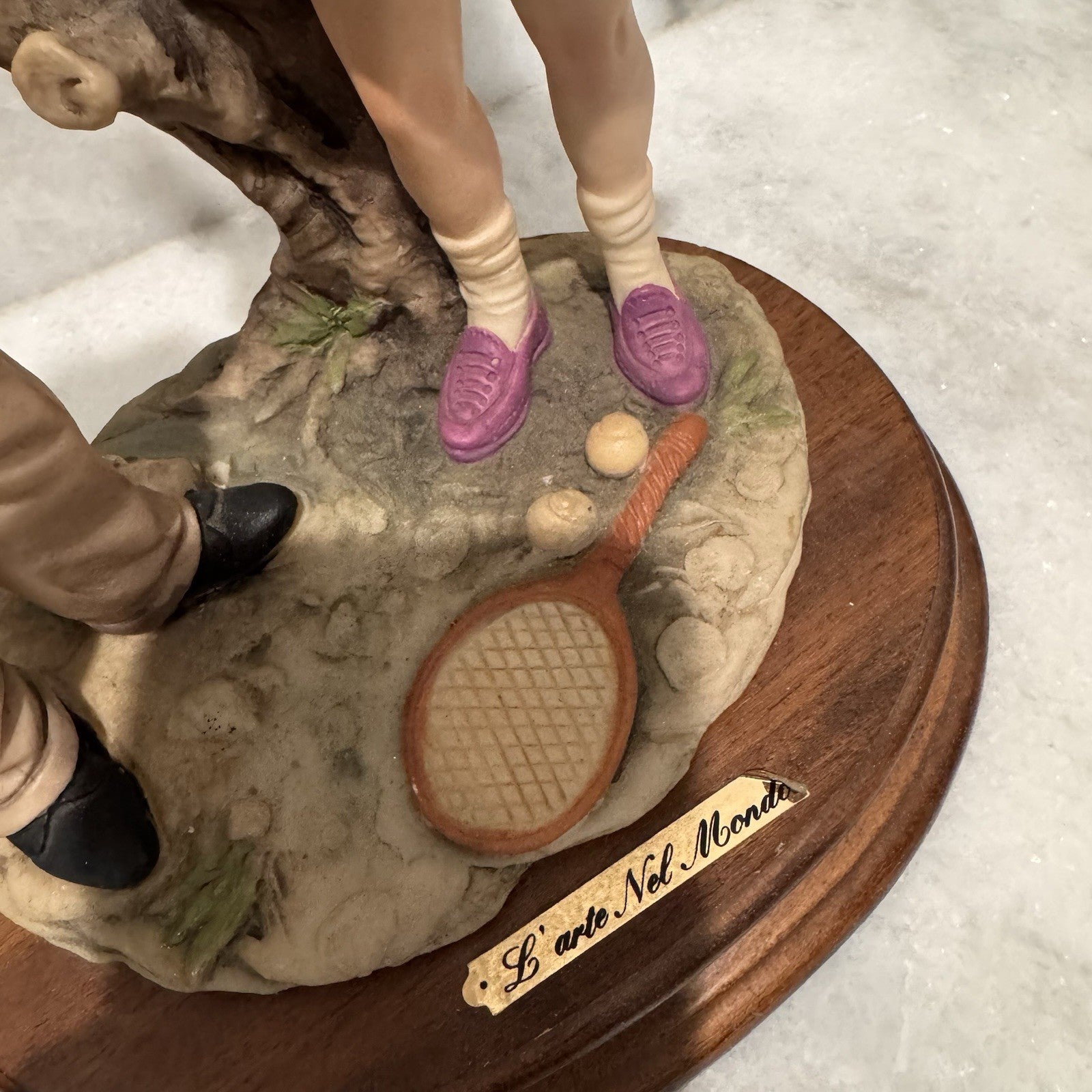 Vintage L’Arte Nel Mondo Figurine Boy Girl Tennis Scene Wood Base
