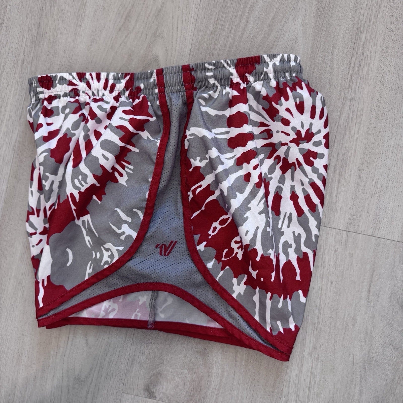 Varsity Spirit Cheer Shorts Women’s Small Red Gray White Tie Dye Print Lined