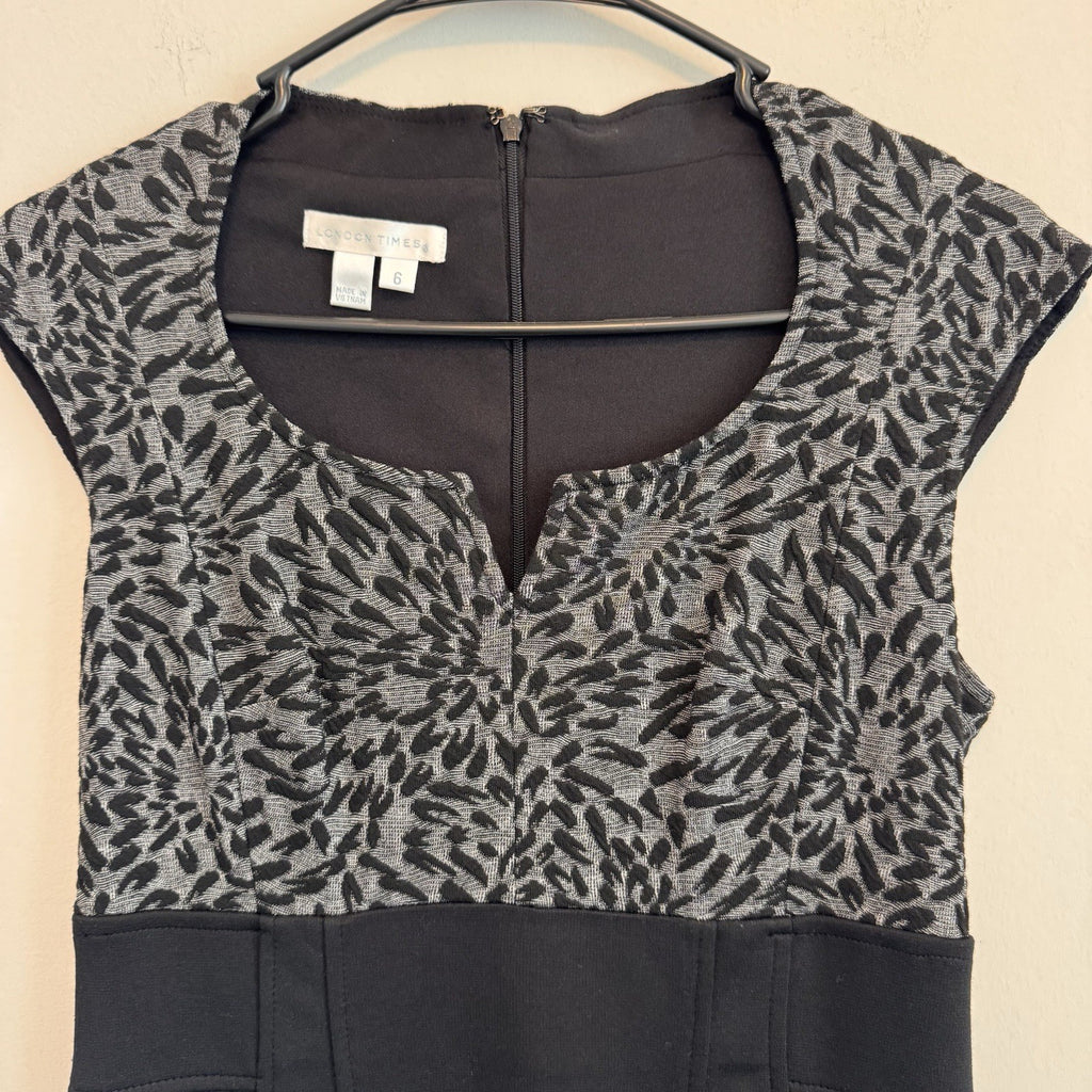 London Times Women's 6 Black Gray Mixed Print Cap Sleeve Sheath Dress Lined