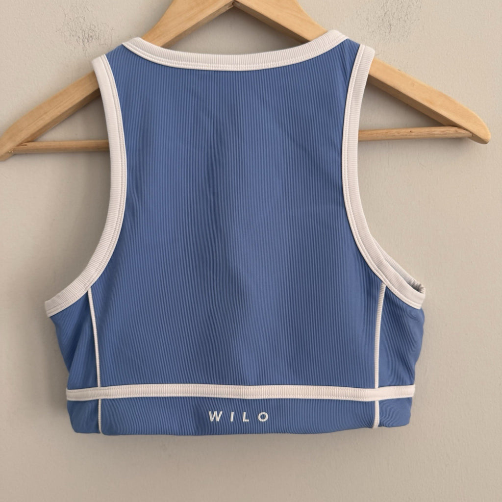 WILO Active Melbourne Australia Ribbed Sports Bra Blue White Contrast Trim M