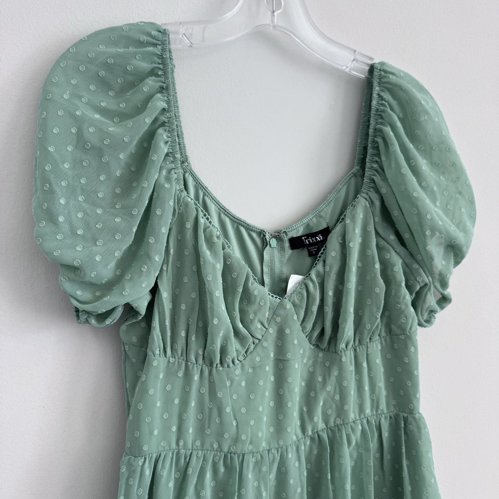Trixxi Womens S Sage Green Swiss Dot Puff Sleeve Mini Dress NWT