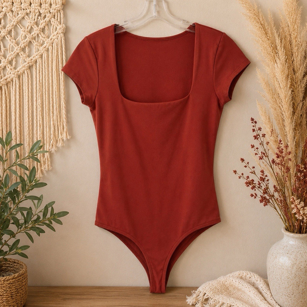 Free People Intimately Bodysuit XS Rust Orange Square Neck Stretch Top