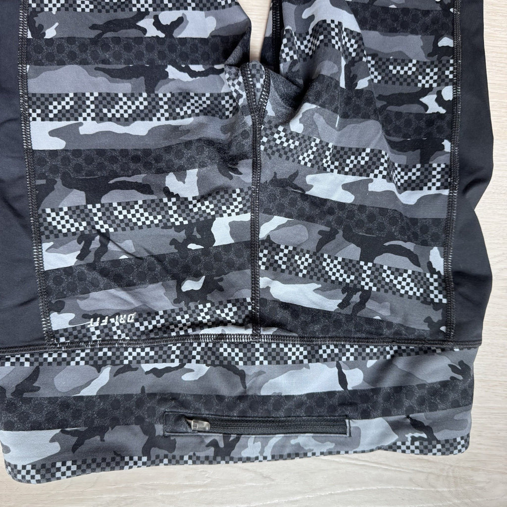 Nike Dri Fit Camo Leggings Womens Small Black Gray Running Drawstring Zip