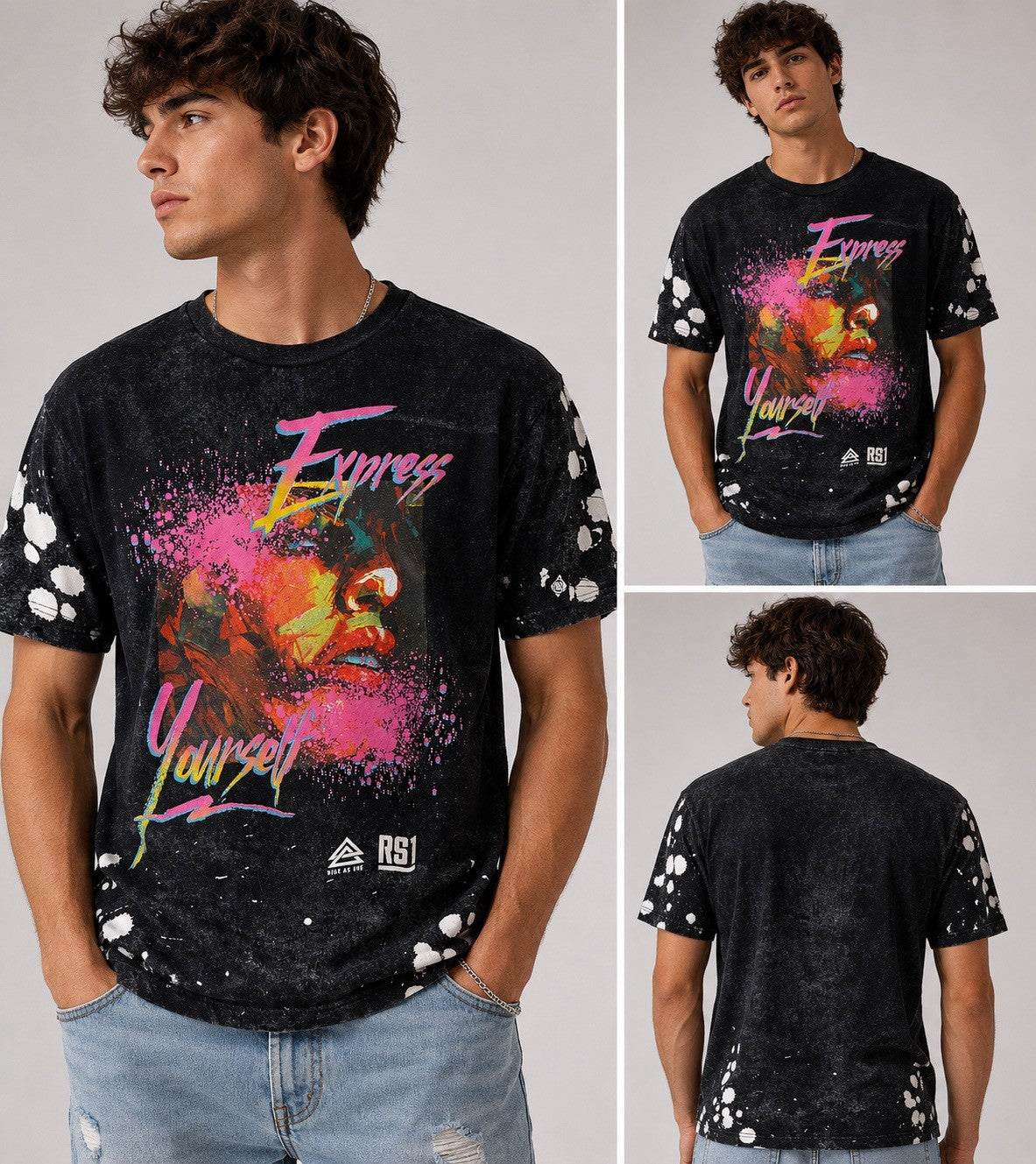 Rise as 1ne Men’s Nelson Mandela T Shirt Size SMALL Black with Splatter Design