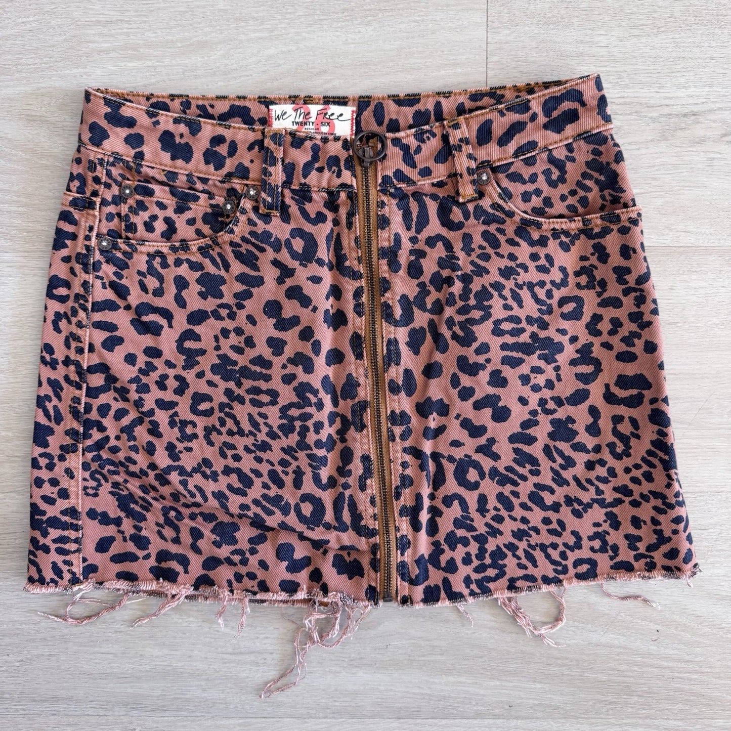 We The Free 26 Leopard Denim Mini Skirt Pink Zip Front Raw Hem