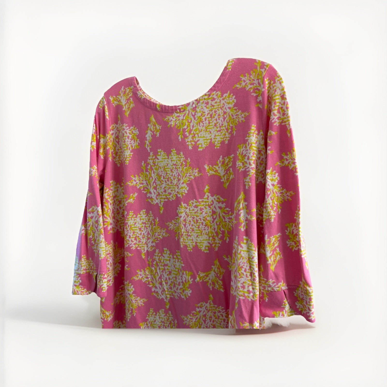 Crown & Ivy Womens Pink Coral Print Dress LARGE 3/4 Sleeve Back Zip Cotton Modal