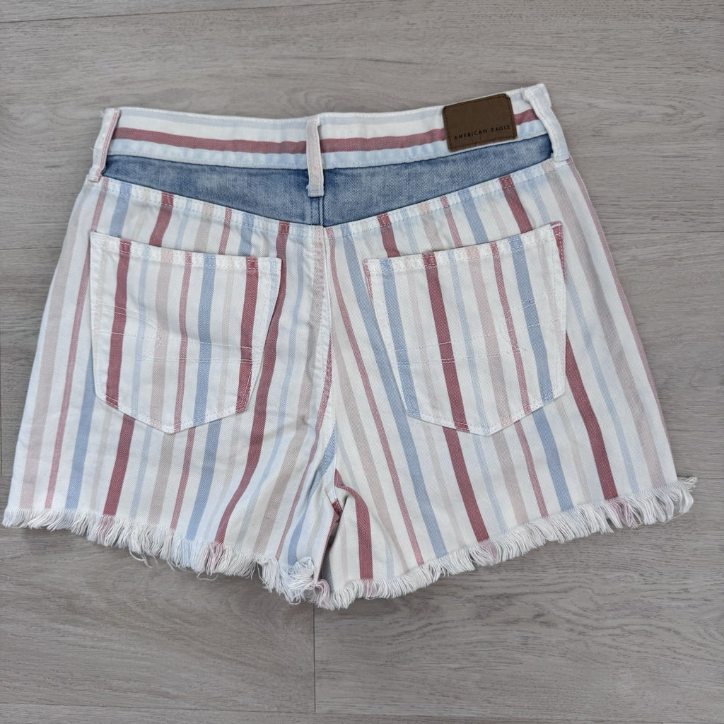 American Eagle Mom Shorts Women’s 4 Y2K Stripe Denim Frayed Raw Hem