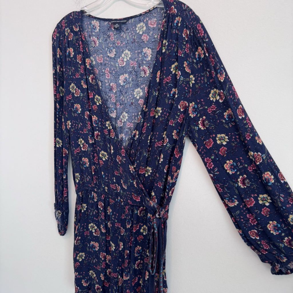 American Eagle Floral Wrap Romper Dress Small Blue Boho Long Sleeve