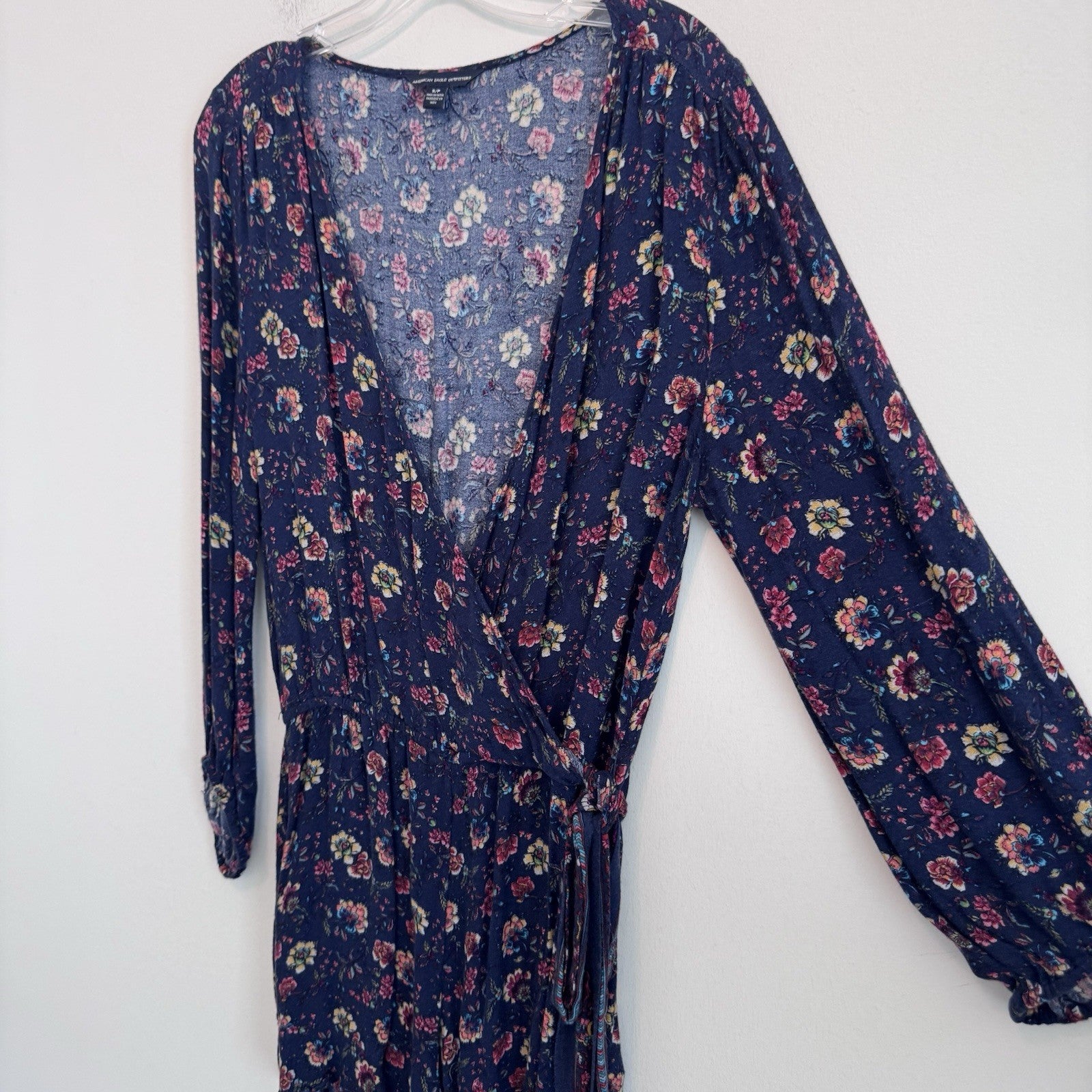 American Eagle Floral Wrap Romper Dress Small Blue Boho Long Sleeve