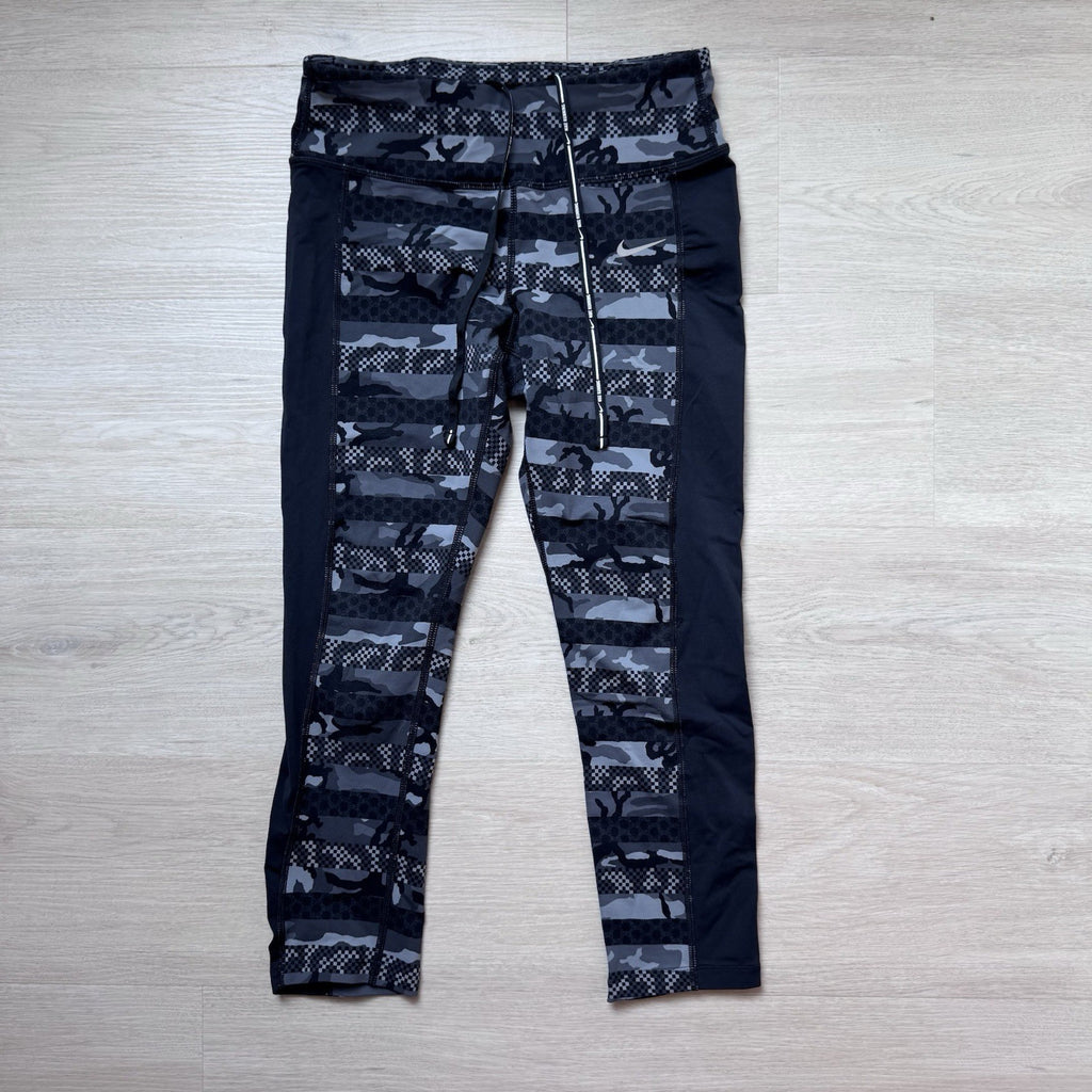 Nike Dri Fit Camo Leggings Womens Small Black Gray Running Drawstring Zip